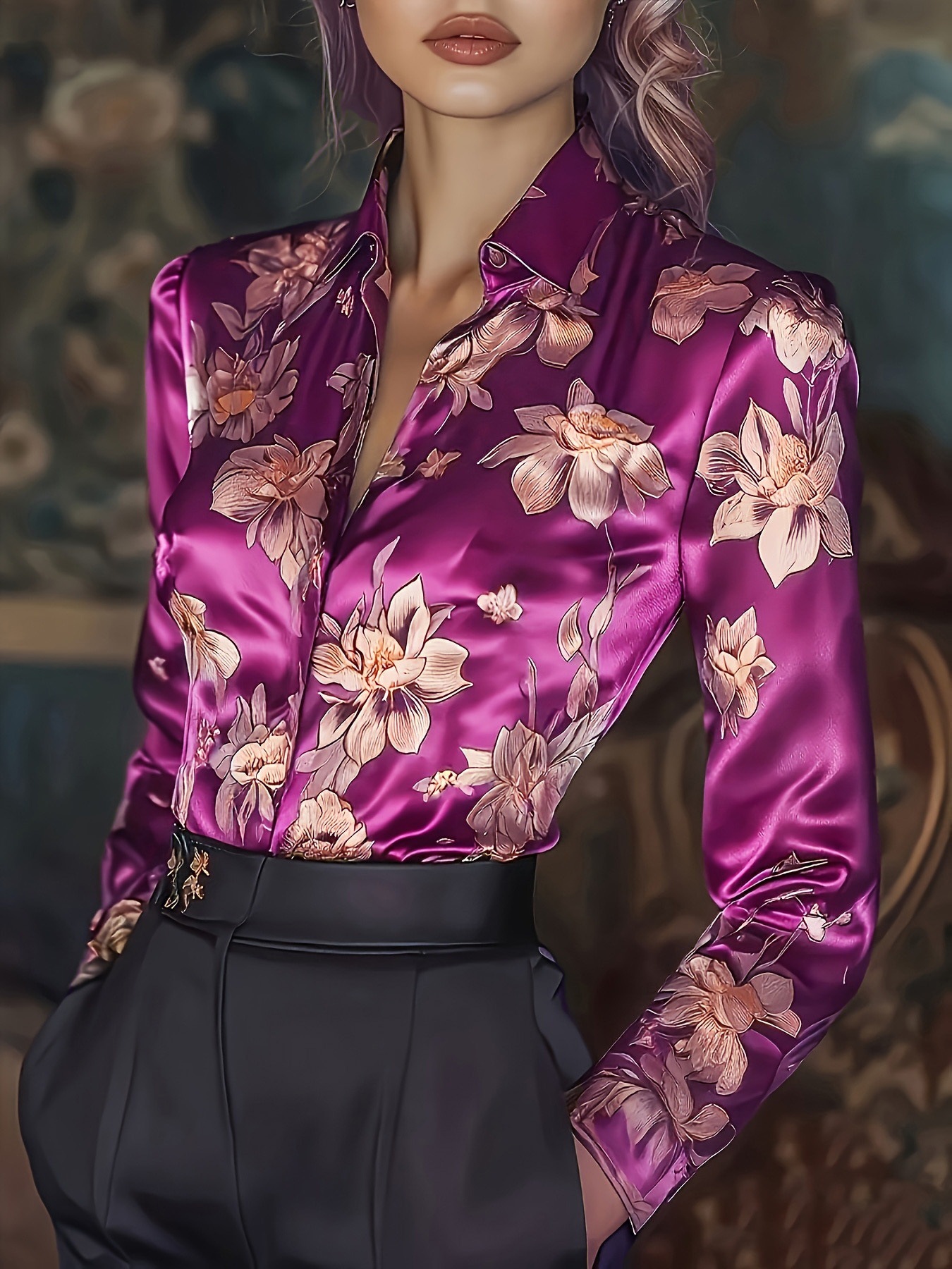 New Arrival Vintage Print Satin Long-Sleeve Women's Blouse Elegant & Comfortable Available in Burgundy, Purple, Fuchsia & Green