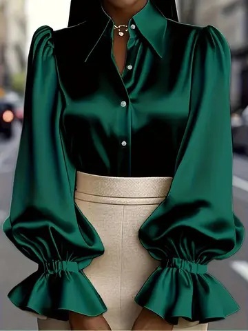 2026 New Arrival Elegant Office Solid Color Puff-Sleeve Collared Satin Women’s Shirt Available in Black, Apricot, Green, Burgundy & Pink