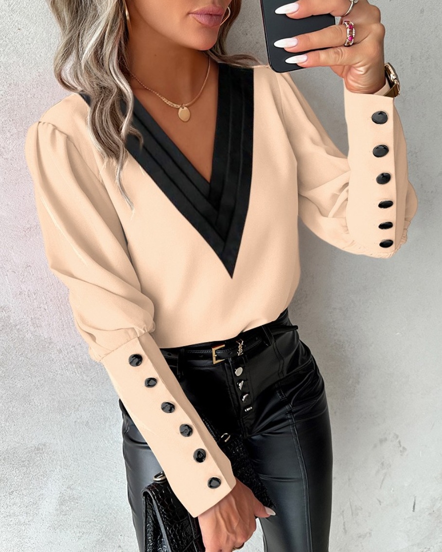 2025 Fall Fashion V-Neck Contrast-Trim Solid Color Long-Sleeve Button-Accent Women’s Blouse – Available in White, Pink, Apricot & Burgundy