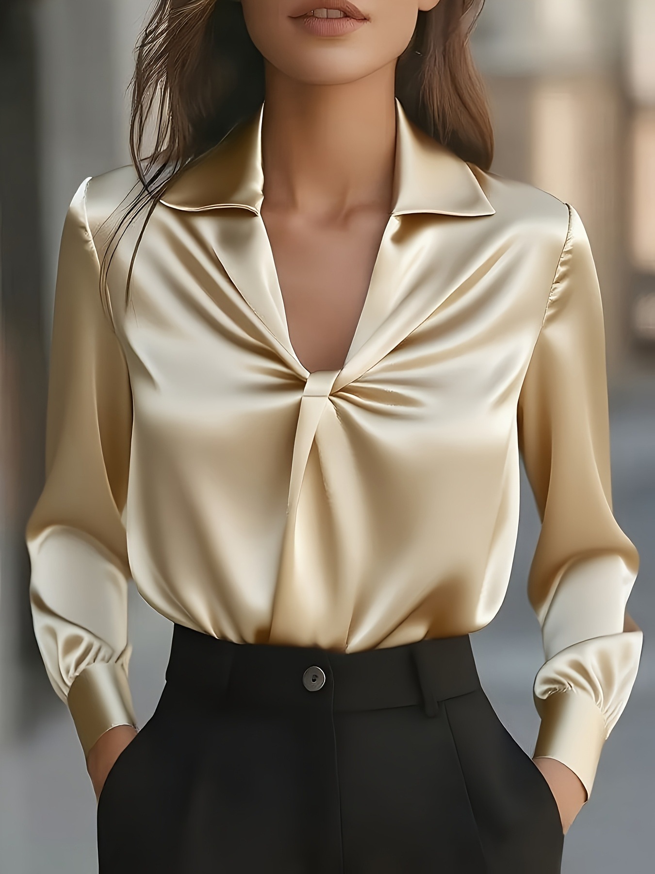 2025 Best-Selling Fall Fashion Elegant Solid Color Satin Ruched Long-Sleeve Women’s Blouse – Available in White, Black, Apricot, Violet & Sky Blue