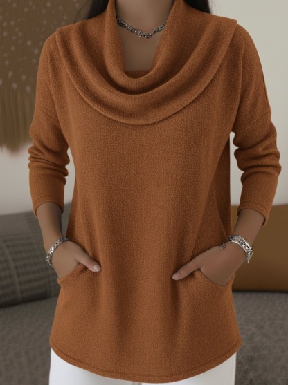Women's Solid Color Turtleneck Long-sleeved Comfortable Casual Pocket Pullover Top