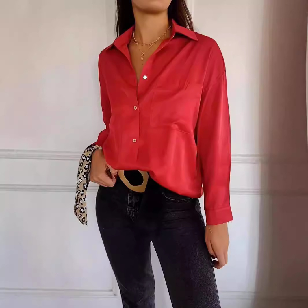 Women's Oversized  Button-Down Shirt - Long Sleeve Loose Fit Blouse with Pockets (White/Black/Red/Olive Green)