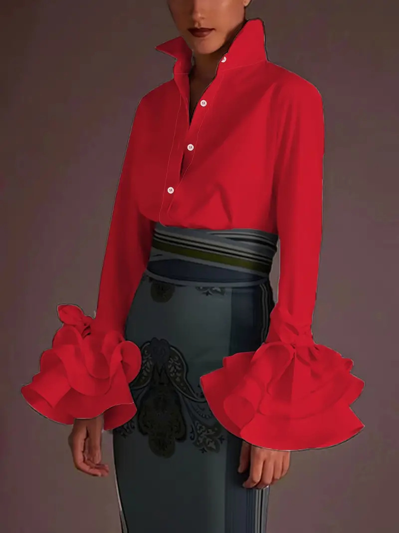 Women's Stand Collar Blouse - Elegant Retro Long Sleeve Shirt with Ruffled Bell Cuffs (Multiple Colors: Black/Red/Green/Pink/Polka Dot White/White)