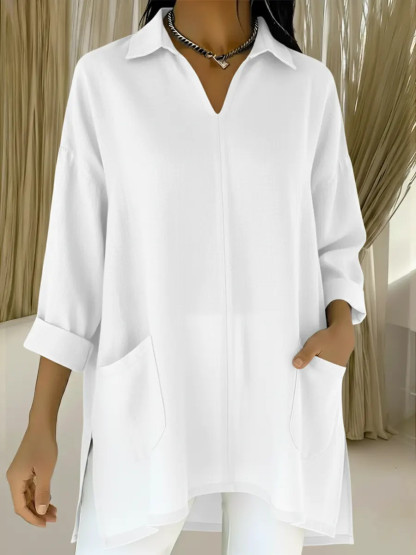 Women's Oversized V-Neck Collared Blouse - Relaxed Fit Longline Shirt with Side Pockets & Slits (7 Colors: Red/Orange/White/Blue/Purple/Light Blue/Navy)