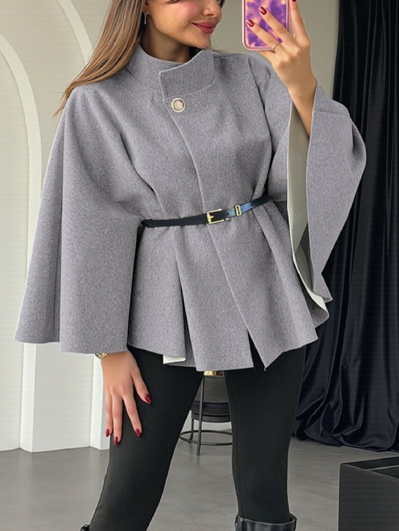 Women's Winter Fashion Elegant Solid Wool Cape Coat with Waist Tie Belt - Available in Black/Wine Red/Apricot/Light Gray/Bright Red/Denim Blue/Brown/Red Coffee/Rose Red/Pink/Army Green