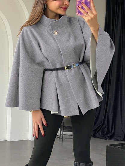 Women's Winter Fashion Elegant Solid Wool Cape Coat with Waist Tie Belt - Available in Black/Wine Red/Apricot/Light Gray/Bright Red/Denim Blue/Brown/Red Coffee/Rose Red/Pink/Army Green