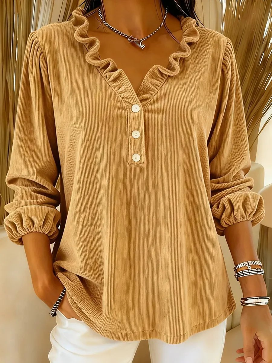 Solid Color Women's Corduroy Ruffle Collar Long Sleeve V-Neck Top