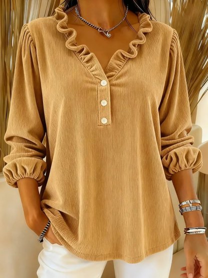Solid Color Women's Corduroy Ruffle Collar Long Sleeve V-Neck Top