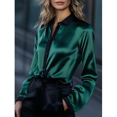 Lace-up color-block long-sleeved women's shirt with smooth and glossy texture. Black collar design. Available in multiple colors: blue, gold, gray, and green. A versatile and high-end top suitable for both work and daily wear, with a neat fit that suits v