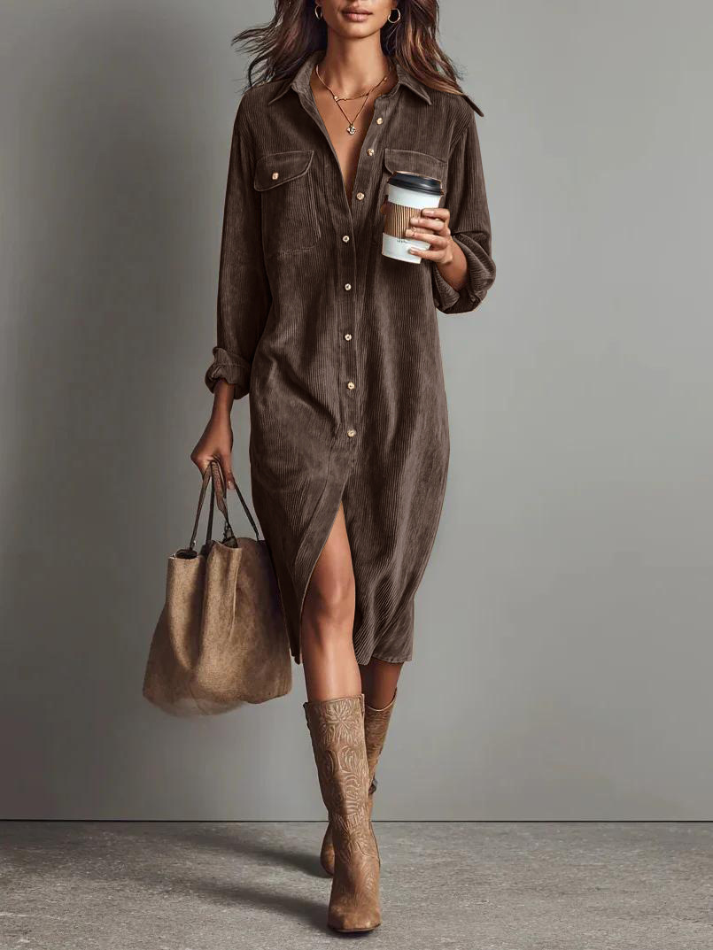 Solid Color Corduroy Long-sleeved Dress With Collared Shirt, Loose Long Dress