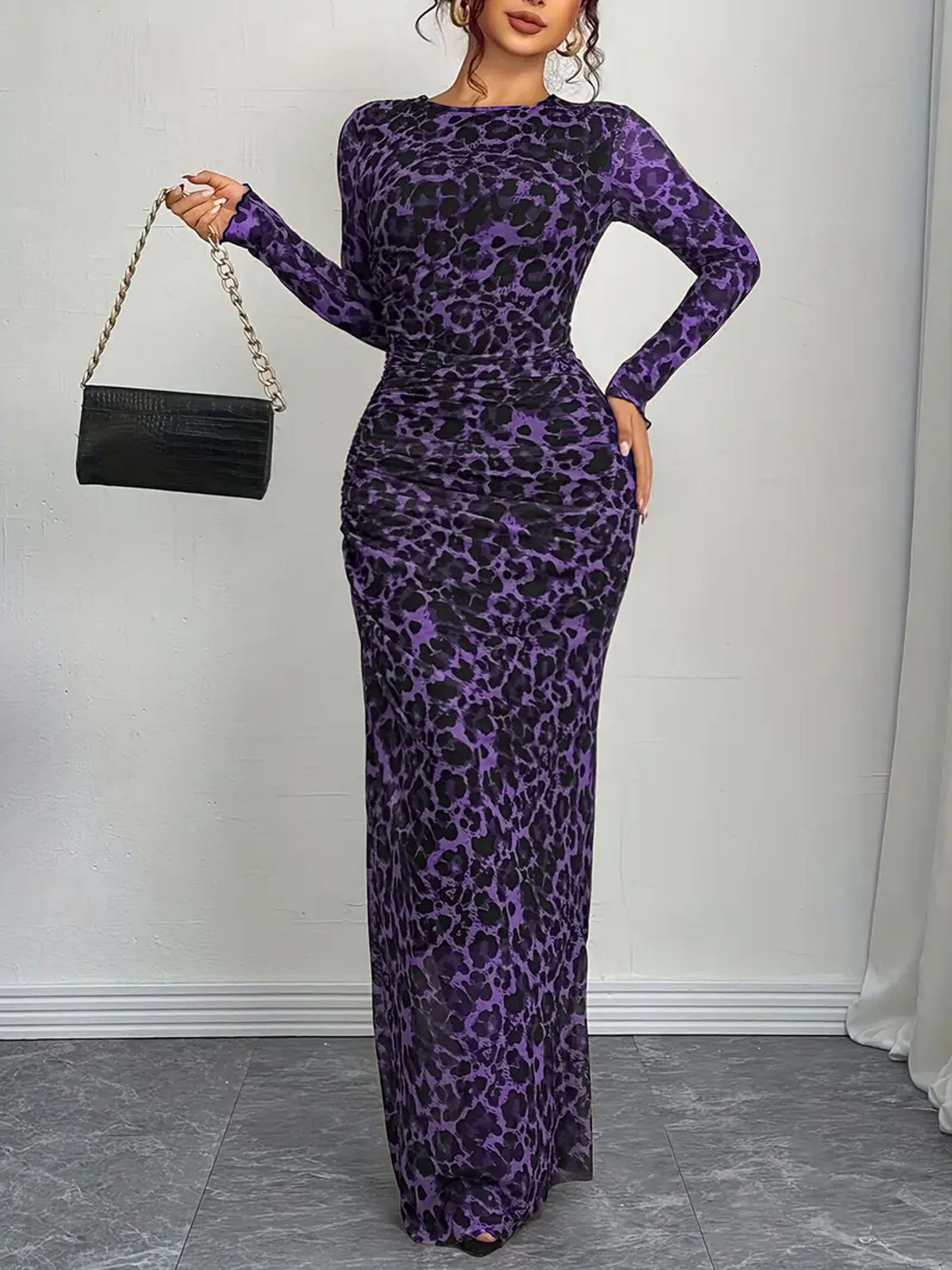 2026 New Arrival Women's Sheer Mesh Long Sleeve Ruched Leopard Print Bodycon Maxi Dress - 6 Colors Available (Dark Brown/Blue/Grey/Purple/Coral/Black) Evening Party Cocktail Formal Dress
