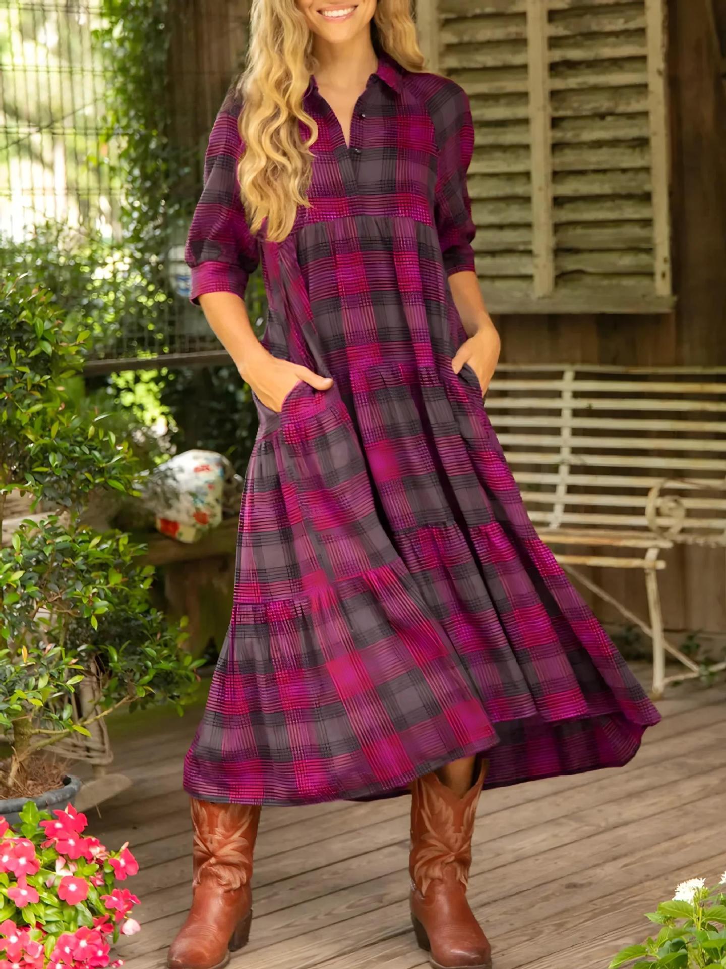 Women's Casual And Comfortable Plaid Retro Print Shirt Dress