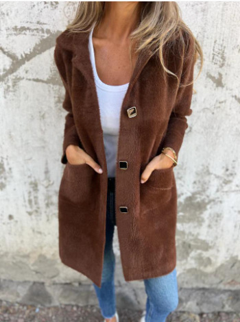 Women's Solid Color Lapel Pocket Cardigan - Single-Breasted Mid-Length Coat (Available in Blue, Camel, Apricot, Coffee, Orange, Pink, Black, Gray)