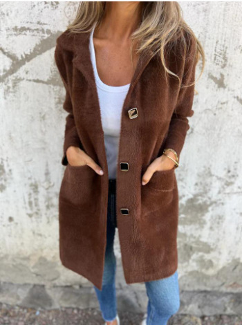 Women's Solid Color Lapel Pocket Cardigan - Single-Breasted Mid-Length Coat (Available in Blue, Camel, Apricot, Coffee, Orange, Pink, Black, Gray)