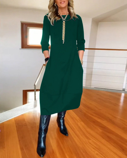 Fall & Winter New Arrival Women's Versatile Solid Color Loose Crew Neck Long Sleeve Dress - Available in Black, White, Burgundy, Green, Brown, Navy Blue & Gray