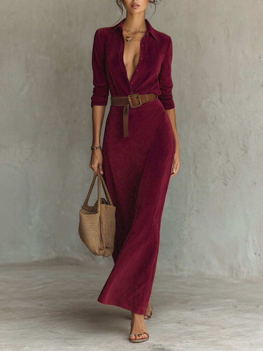Women's Fall & Winter Suede Waist-Cinching Maxi Shirt Dress (Belt Included) - Available in Brown, Navy Blue, Black & Burgundy