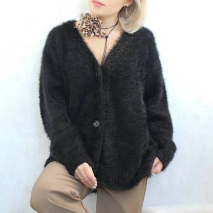Women's Spring Autumn Faux Mink Cardigan - Lazy Style Loose Soft Long Sleeve Knit Sweater Coat - Available in Off-White, Dark Gray, Light Gray, Black, Khaki, Pink, Caramel, Yellow, Mustard Green, Dark Brown & Burgundy