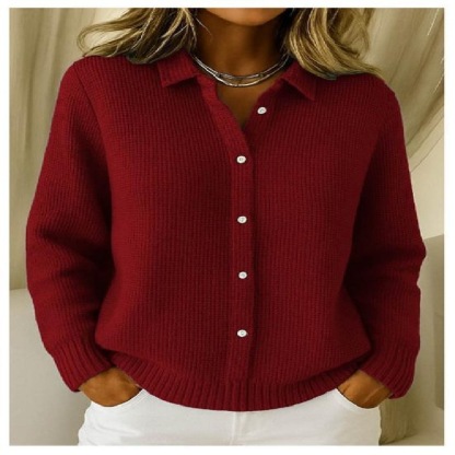 Women's Autumn Winter New Casual Button Long-Sleeve Collared Cardigan Sweater Coat (Available in Sky Blue/Navy Blue/Pink/Burgundy/Royal Blue)