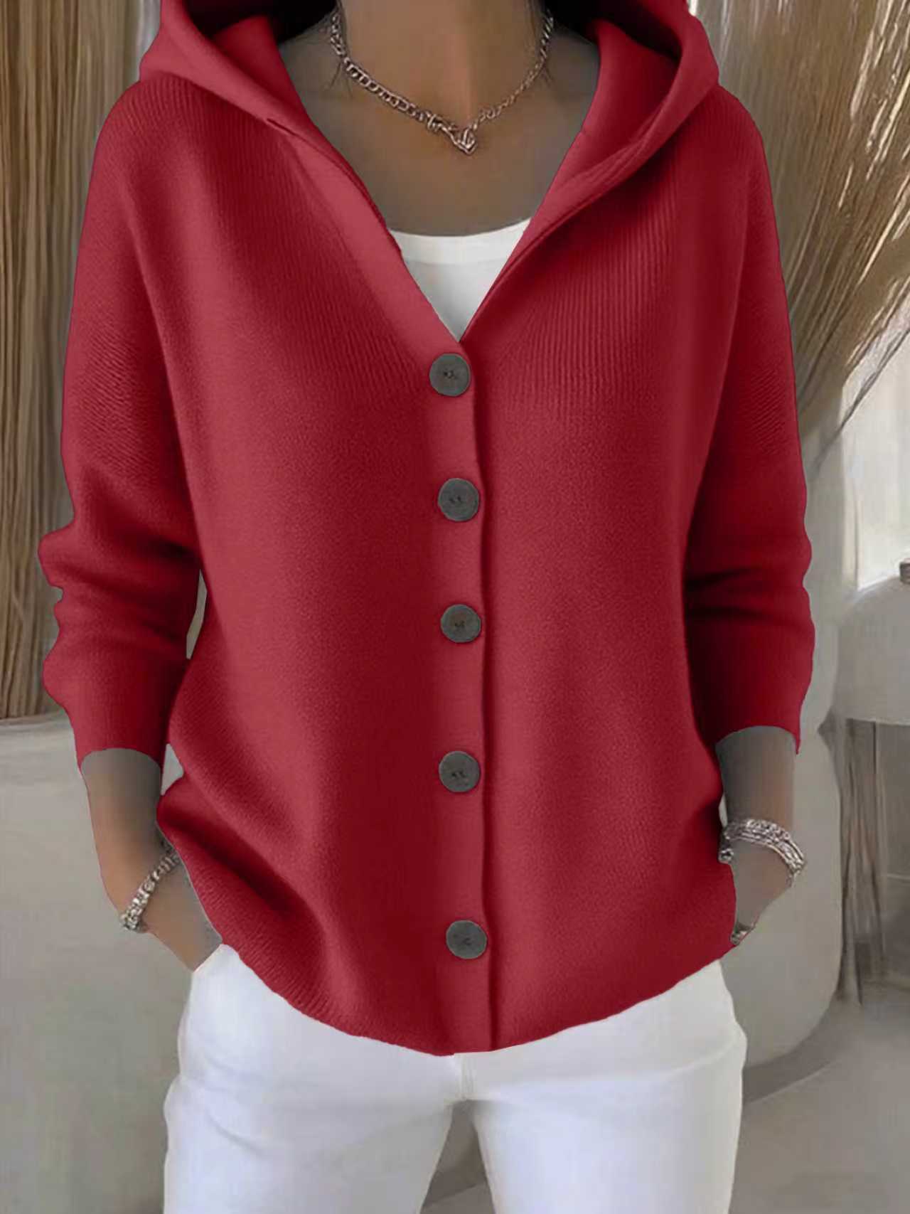 Women's Euro-American Style Autumn Winter New Hooded Knit Cardigan - Solid Color Casual Fashion Sweater Coat (Available in Light Green/Peacock Blue/Pink/Burgundy/Grass Green/Apricot/Beige/Yellow/Purple/Orange/White/Black/Heathered Gray)