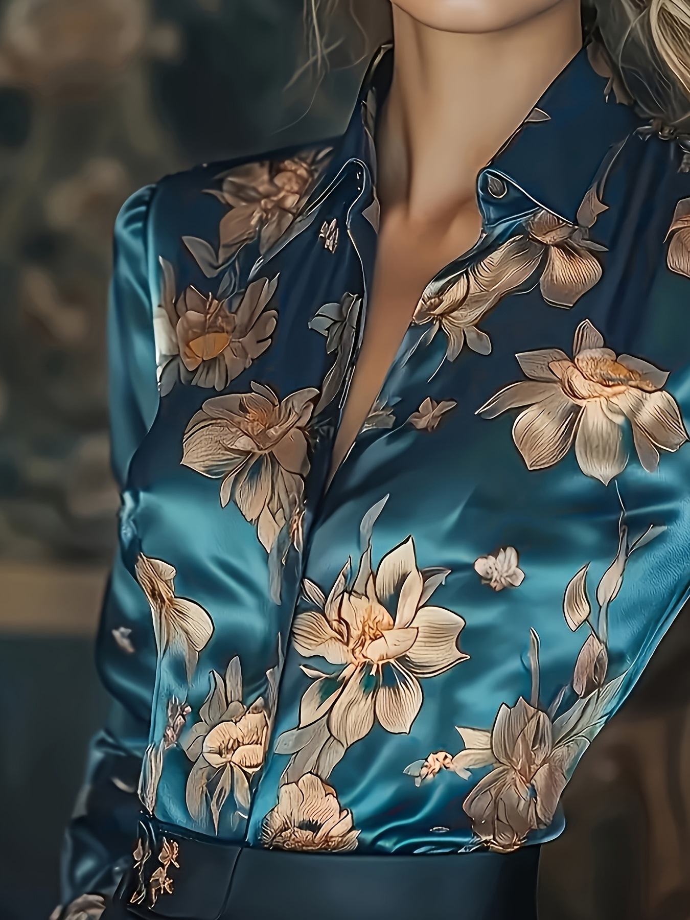 New Arrival Vintage Print Satin Long-Sleeve Women's Blouse Elegant & Comfortable Available in Burgundy, Purple, Fuchsia & Green