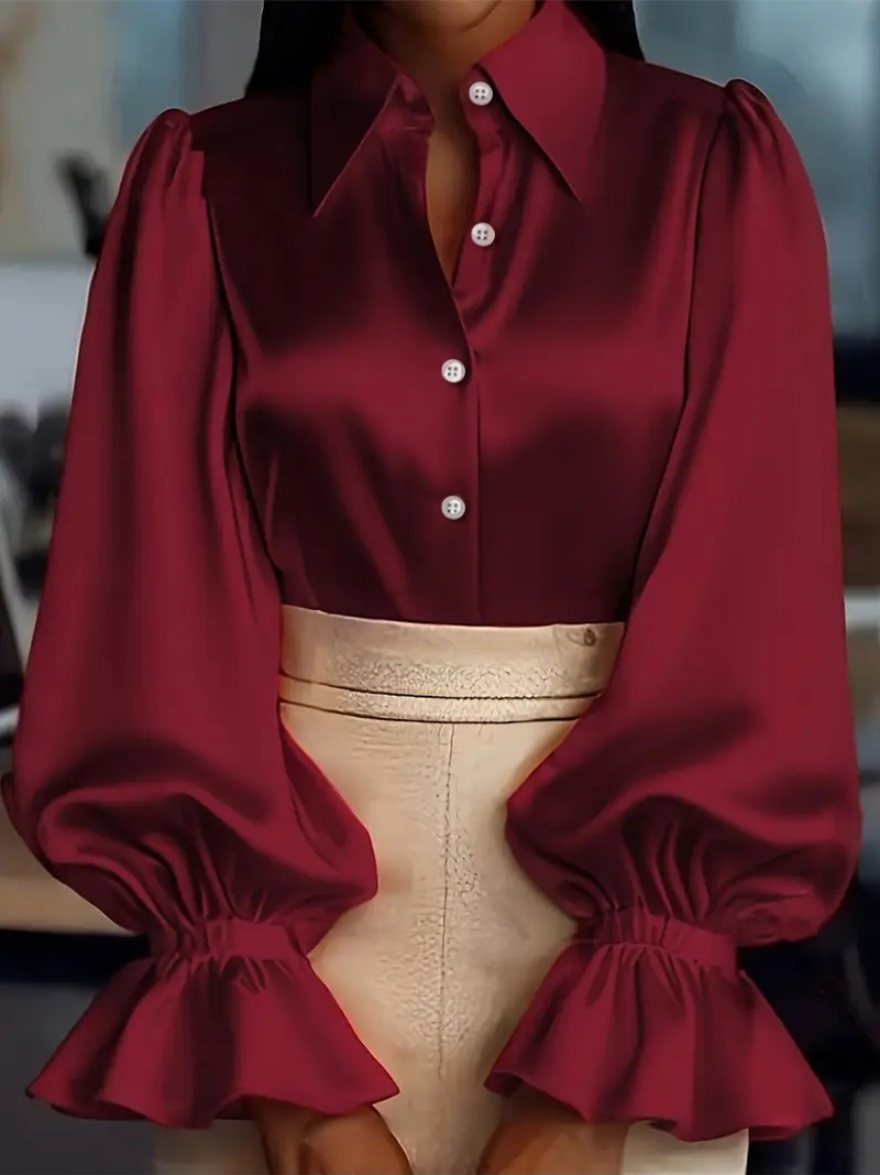 2026 New Arrival Elegant Office Solid Color Puff-Sleeve Collared Satin Women’s Shirt Available in Black, Apricot, Green, Burgundy & Pink