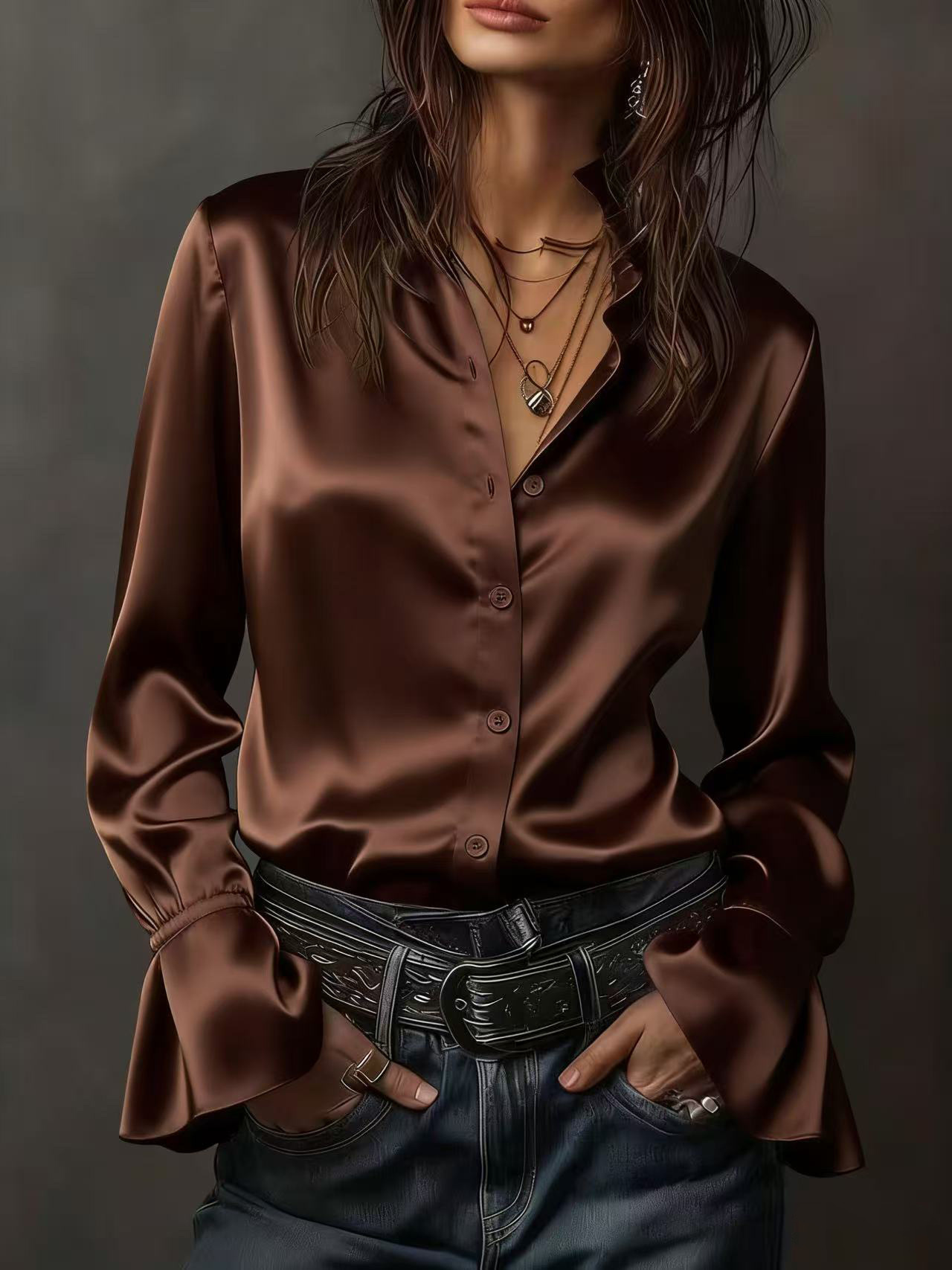 2026 New Arrival Elegant Solid Color High-Quality Satin Long-Sleeve Women’s Blouse (Trumpet Cuffs) – Available in Champagne, Navy Blue, White & Dark Brown