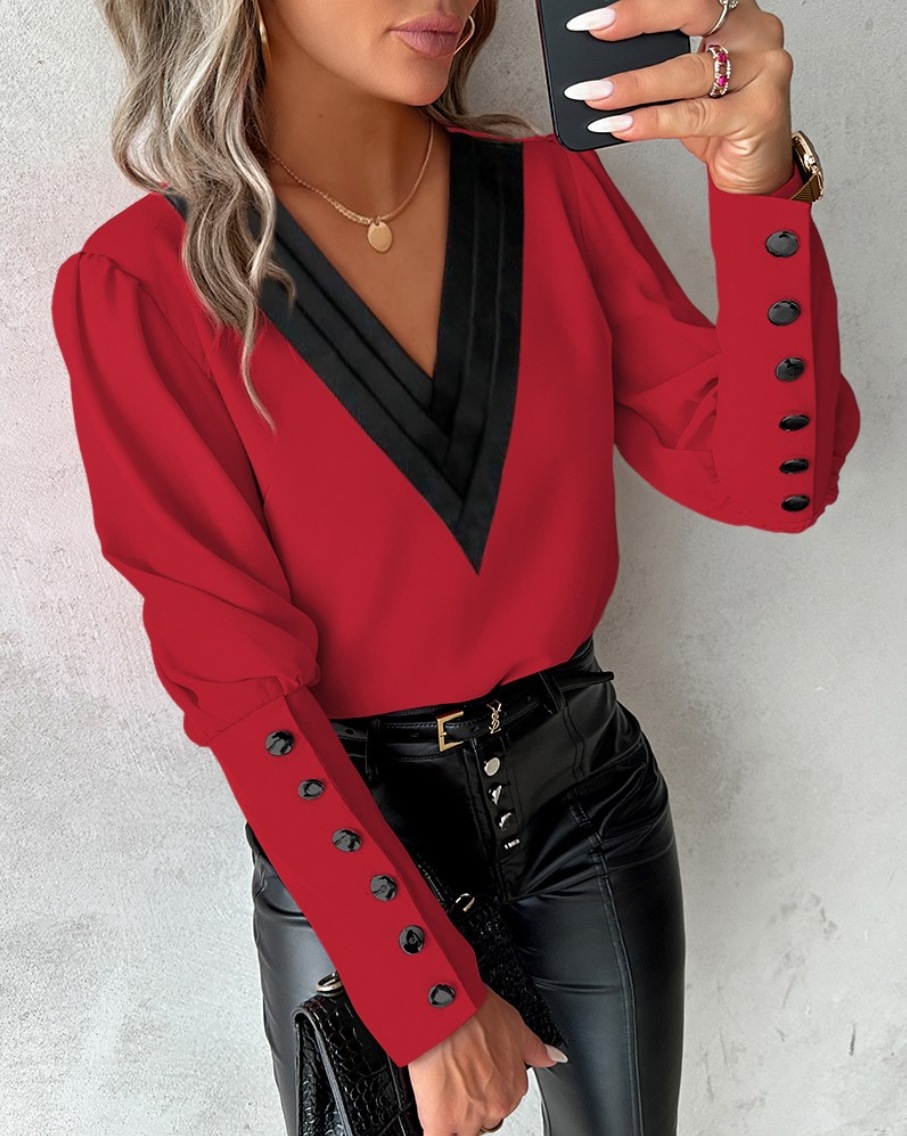 2025 Fall Fashion V-Neck Contrast-Trim Solid Color Long-Sleeve Button-Accent Women’s Blouse – Available in White, Pink, Apricot & Burgundy