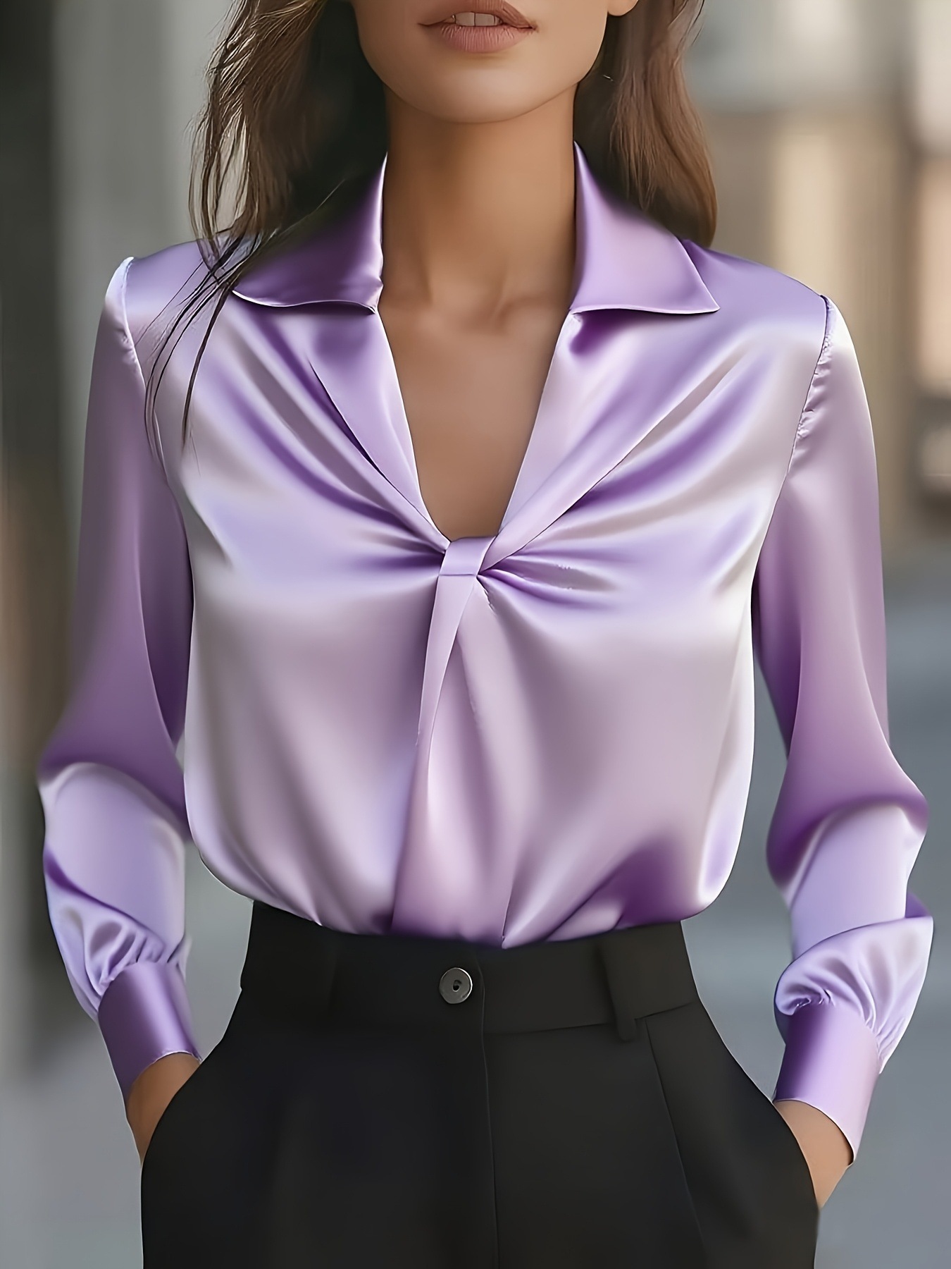 2025 Best-Selling Fall Fashion Elegant Solid Color Satin Ruched Long-Sleeve Women’s Blouse – Available in White, Black, Apricot, Violet & Sky Blue