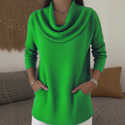 Women's Solid Color Turtleneck Long-sleeved Comfortable Casual Pocket Pullover Top