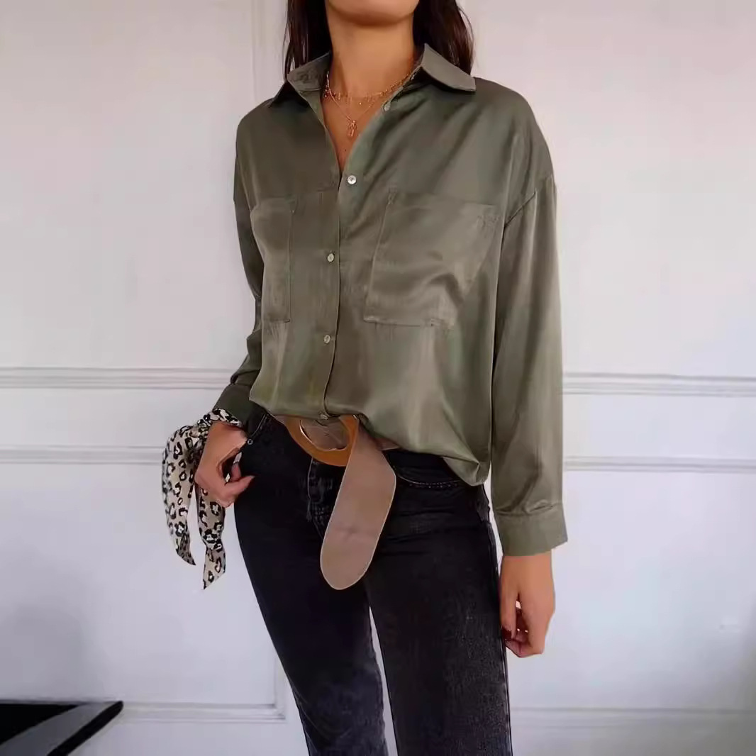 Women's Oversized  Button-Down Shirt - Long Sleeve Loose Fit Blouse with Pockets (White/Black/Red/Olive Green)
