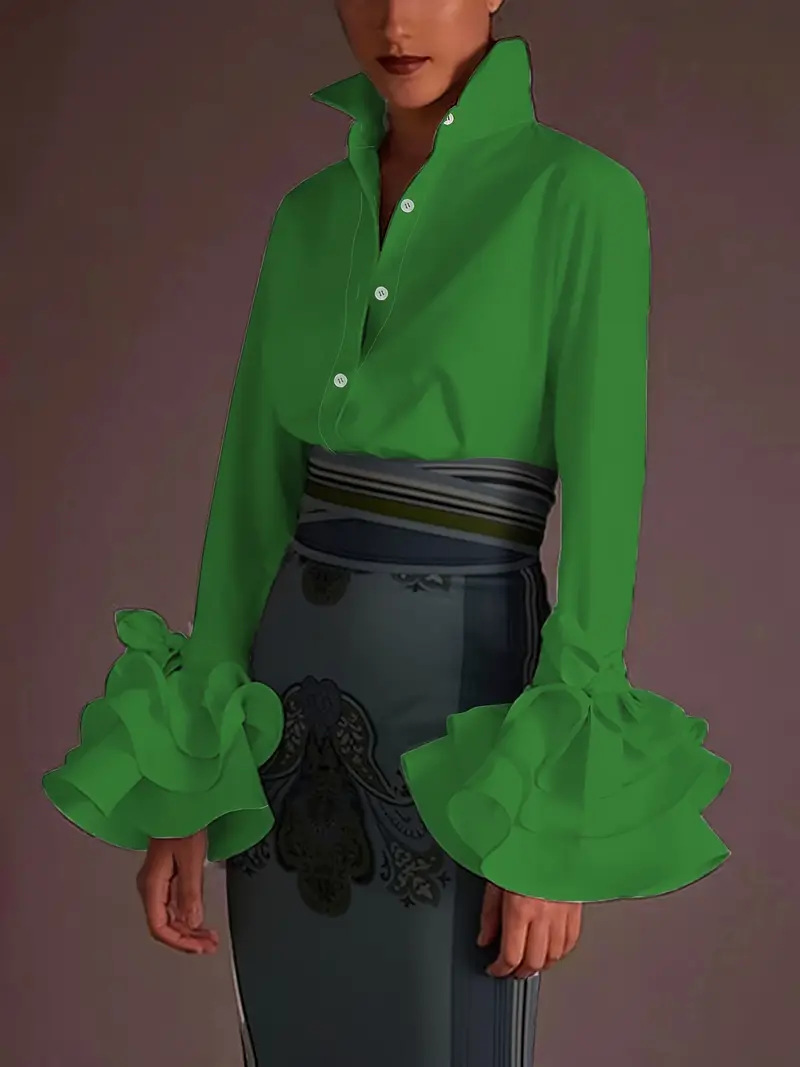 Women's Stand Collar Blouse - Elegant Retro Long Sleeve Shirt with Ruffled Bell Cuffs (Multiple Colors: Black/Red/Green/Pink/Polka Dot White/White)