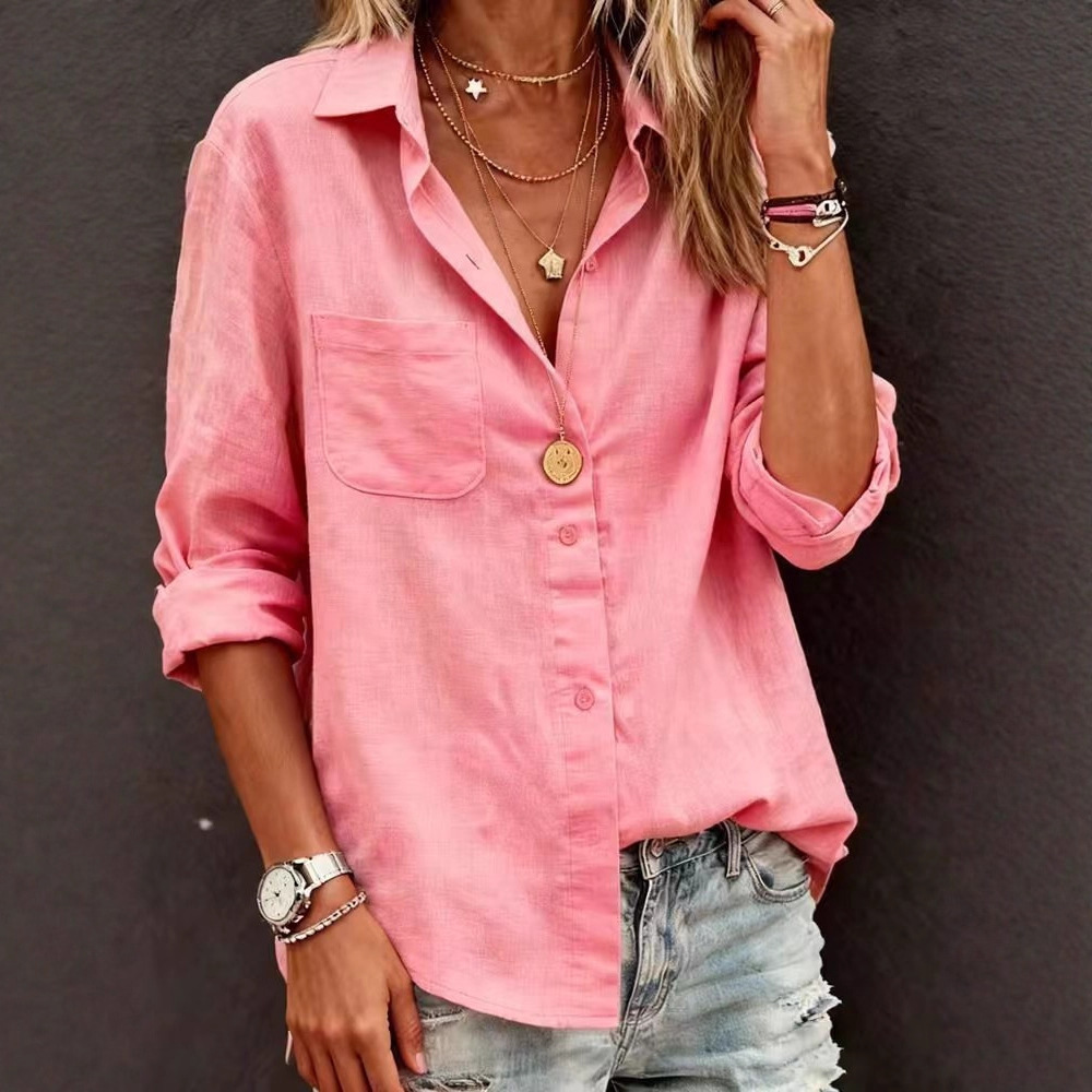 Women's Oversized Cotton Button-Down Shirt - Relaxed Fit Collared Blouse with Chest Pocket (White/Beige/Light Blue/Pink)