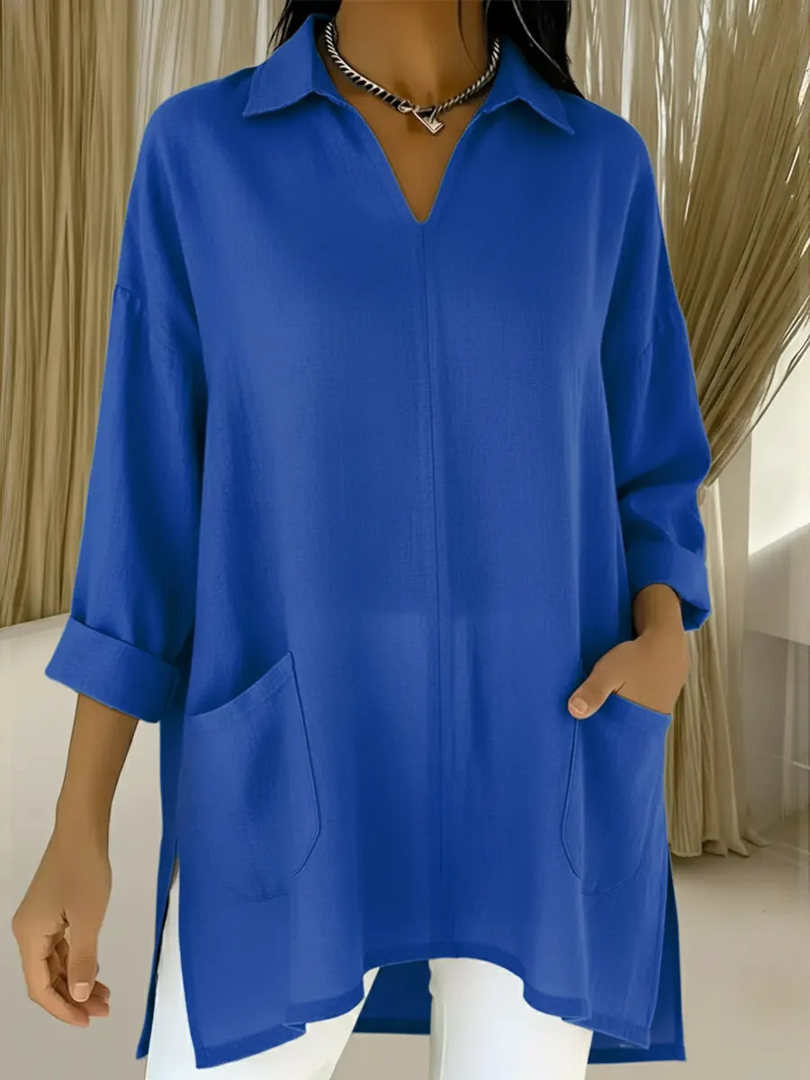 Women's Oversized V-Neck Collared Blouse - Relaxed Fit Longline Shirt with Side Pockets & Slits (7 Colors: Red/Orange/White/Blue/Purple/Light Blue/Navy)