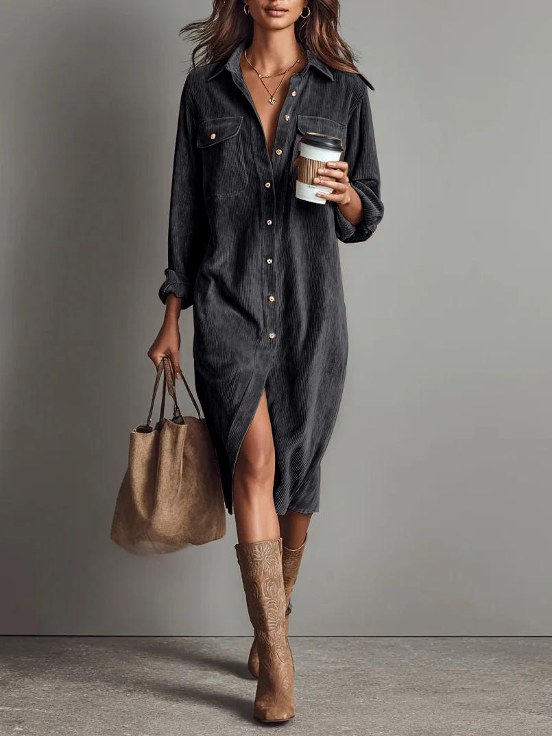 Solid Color Corduroy Long-sleeved Dress With Collared Shirt, Loose Long Dress