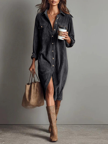 Solid Color Corduroy Long-sleeved Dress With Collared Shirt, Loose Long Dress