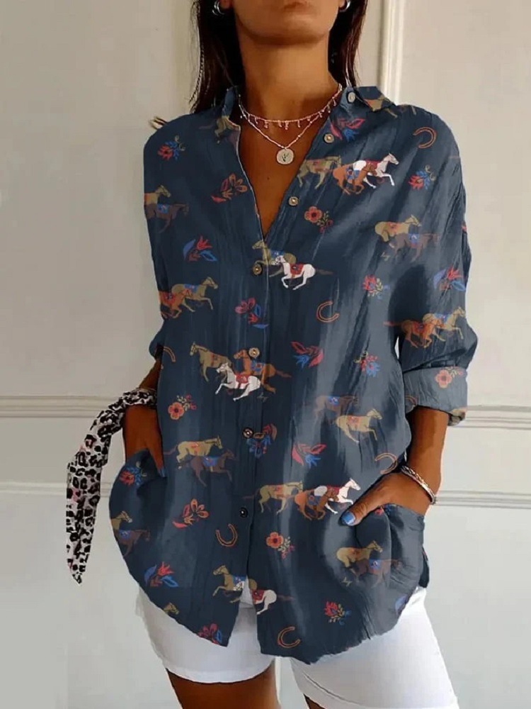 Women's Western Cowboy Print Blouse - V-Neck Tie Waist Rolled Sleeve Loose Fit Cactus Horse Rodeo Graphic Button Down Shirt
