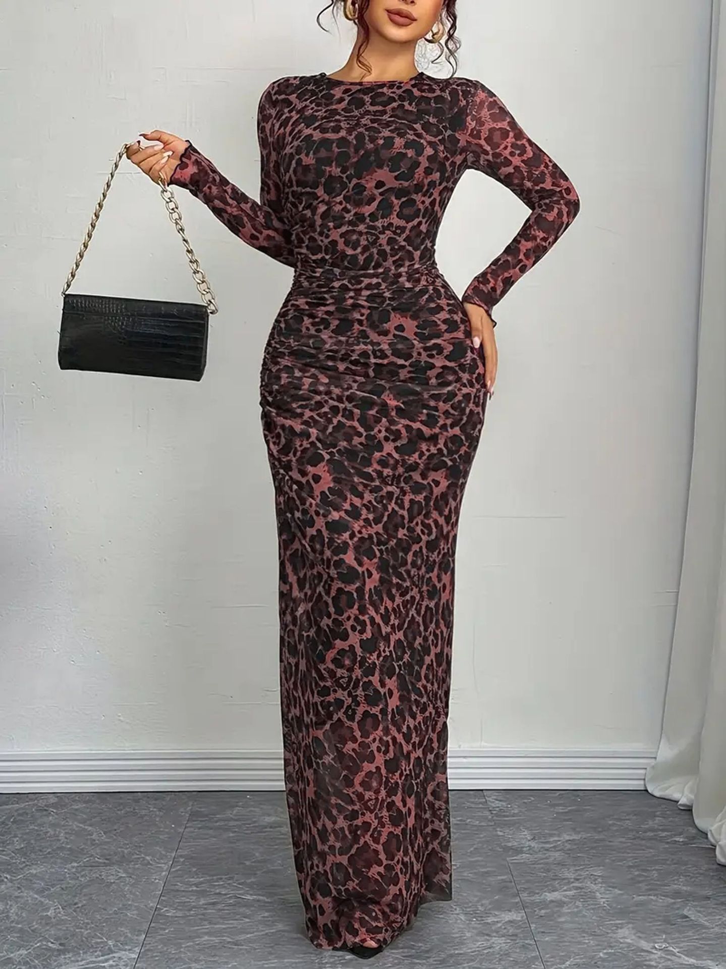 2026 New Arrival Women's Sheer Mesh Long Sleeve Ruched Leopard Print Bodycon Maxi Dress - 6 Colors Available (Dark Brown/Blue/Grey/Purple/Coral/Black) Evening Party Cocktail Formal Dress