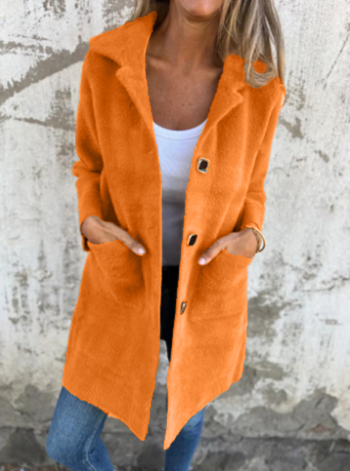 Women's Solid Color Lapel Pocket Cardigan - Single-Breasted Mid-Length Coat (Available in Blue, Camel, Apricot, Coffee, Orange, Pink, Black, Gray)