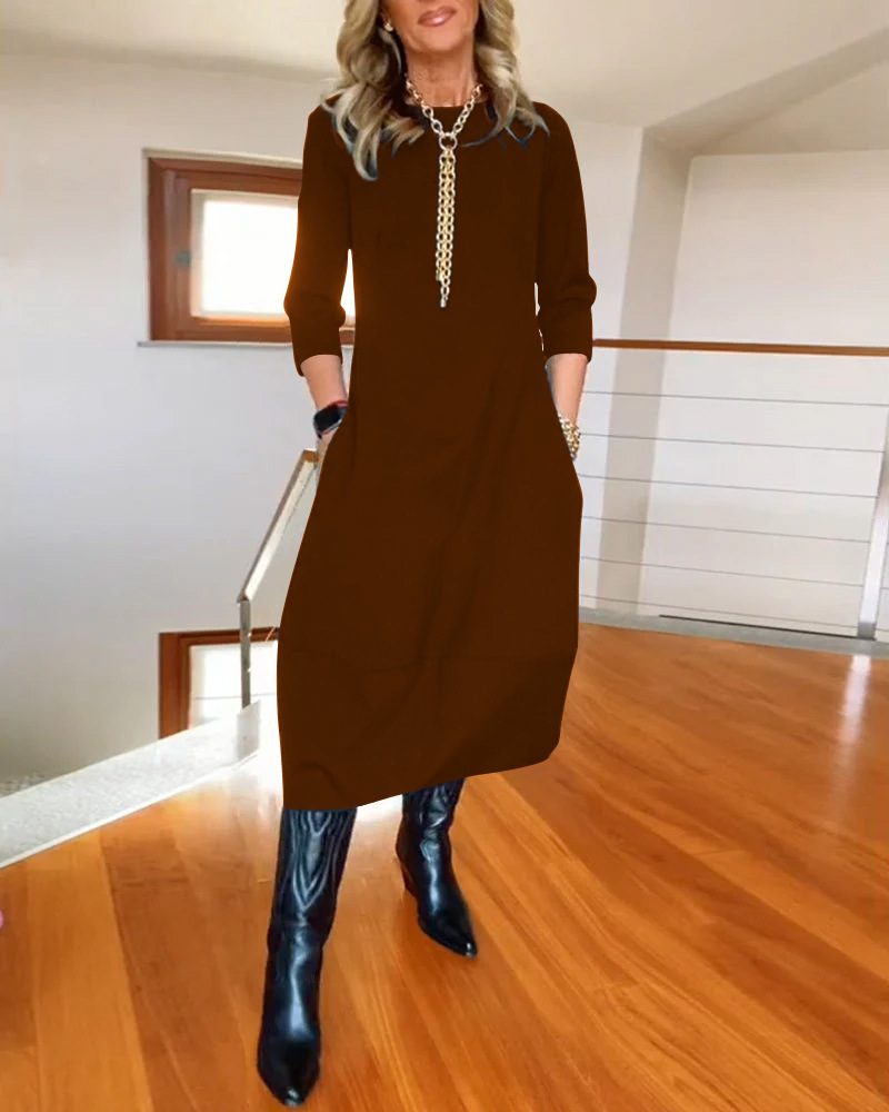 Fall & Winter New Arrival Women's Versatile Solid Color Loose Crew Neck Long Sleeve Dress - Available in Black, White, Burgundy, Green, Brown, Navy Blue & Gray
