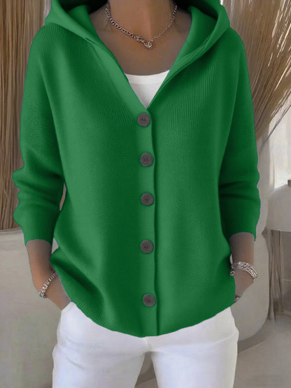 Women's Euro-American Style Autumn Winter New Hooded Knit Cardigan - Solid Color Casual Fashion Sweater Coat (Available in Light Green/Peacock Blue/Pink/Burgundy/Grass Green/Apricot/Beige/Yellow/Purple/Orange/White/Black/Heathered Gray)