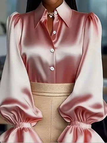 2026 New Arrival Elegant Office Solid Color Puff-Sleeve Collared Satin Women’s Shirt Available in Black, Apricot, Green, Burgundy & Pink