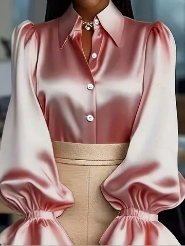 2026 New Arrival Elegant Office Solid Color Puff-Sleeve Collared Satin Women’s Shirt Available in Black, Apricot, Green, Burgundy & Pink