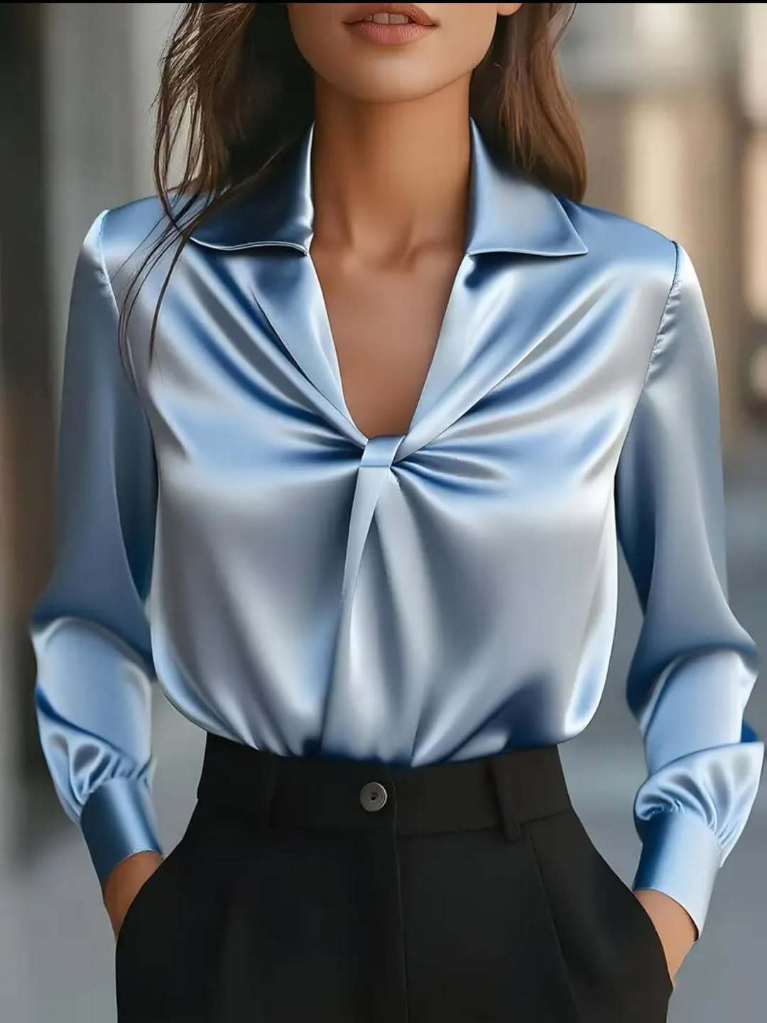 2025 Best-Selling Fall Fashion Elegant Solid Color Satin Ruched Long-Sleeve Women’s Blouse – Available in White, Black, Apricot, Violet & Sky Blue