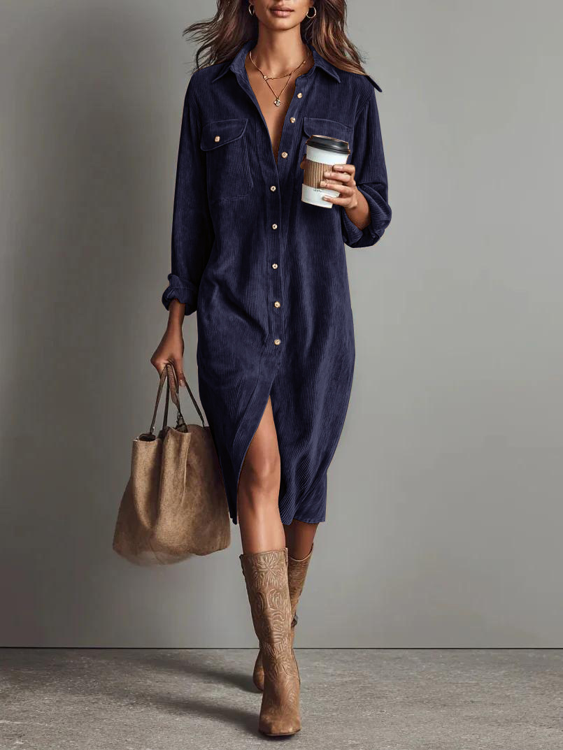 Solid Color Corduroy Long-sleeved Dress With Collared Shirt, Loose Long Dress