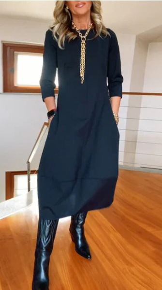 Fall & Winter New Arrival Women's Versatile Solid Color Loose Crew Neck Long Sleeve Dress - Available in Black, White, Burgundy, Green, Brown, Navy Blue & Gray