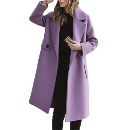 2026 New European & American Style Women's Solid Color Plus Size Wool Blend Coat Autumn Winter Outerwear (Red/Caramel/Camel/Black/Pink/Light Purple)