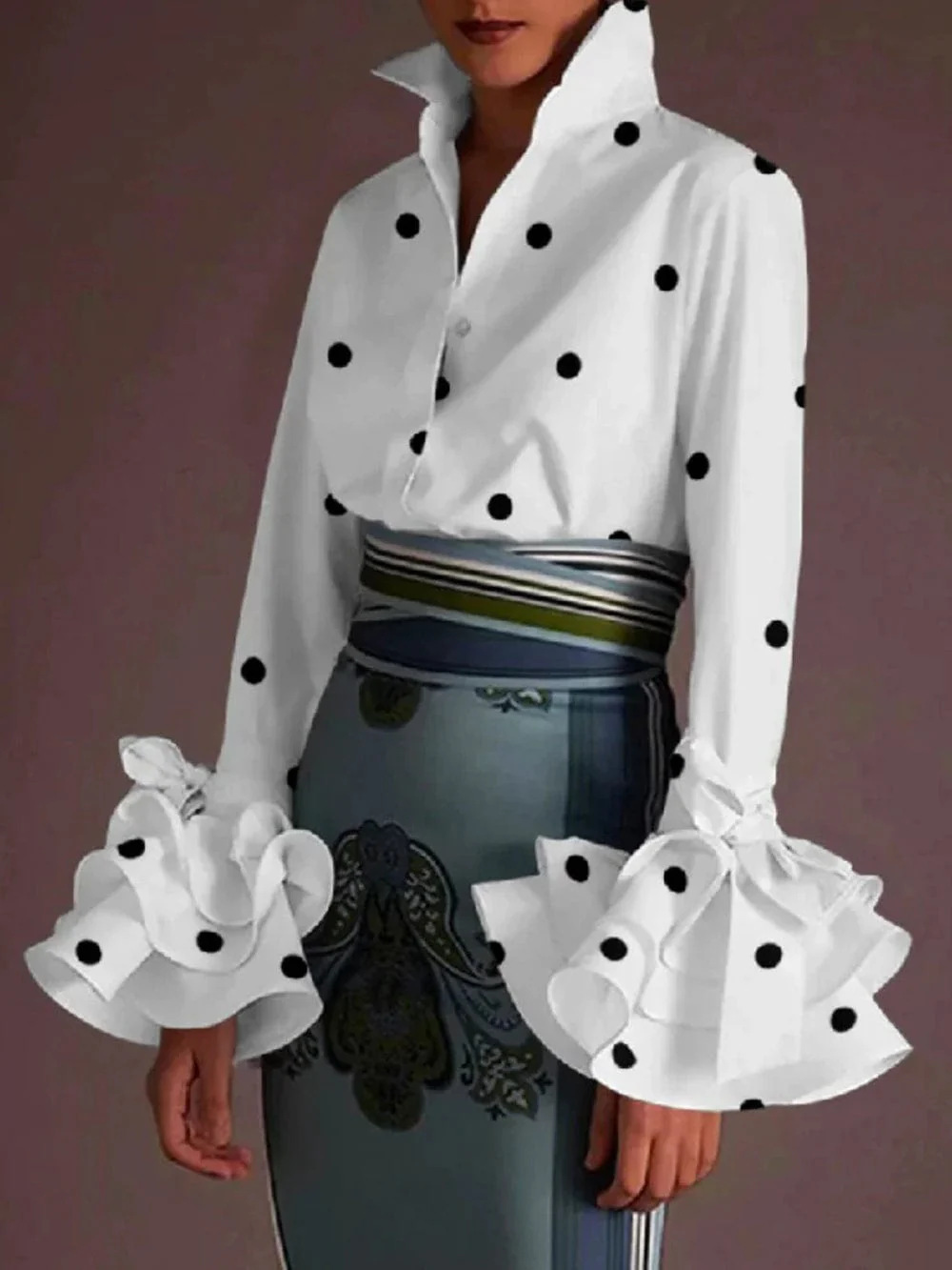 Women's Stand Collar Blouse - Elegant Retro Long Sleeve Shirt with Ruffled Bell Cuffs (Multiple Colors: Black/Red/Green/Pink/Polka Dot White/White)
