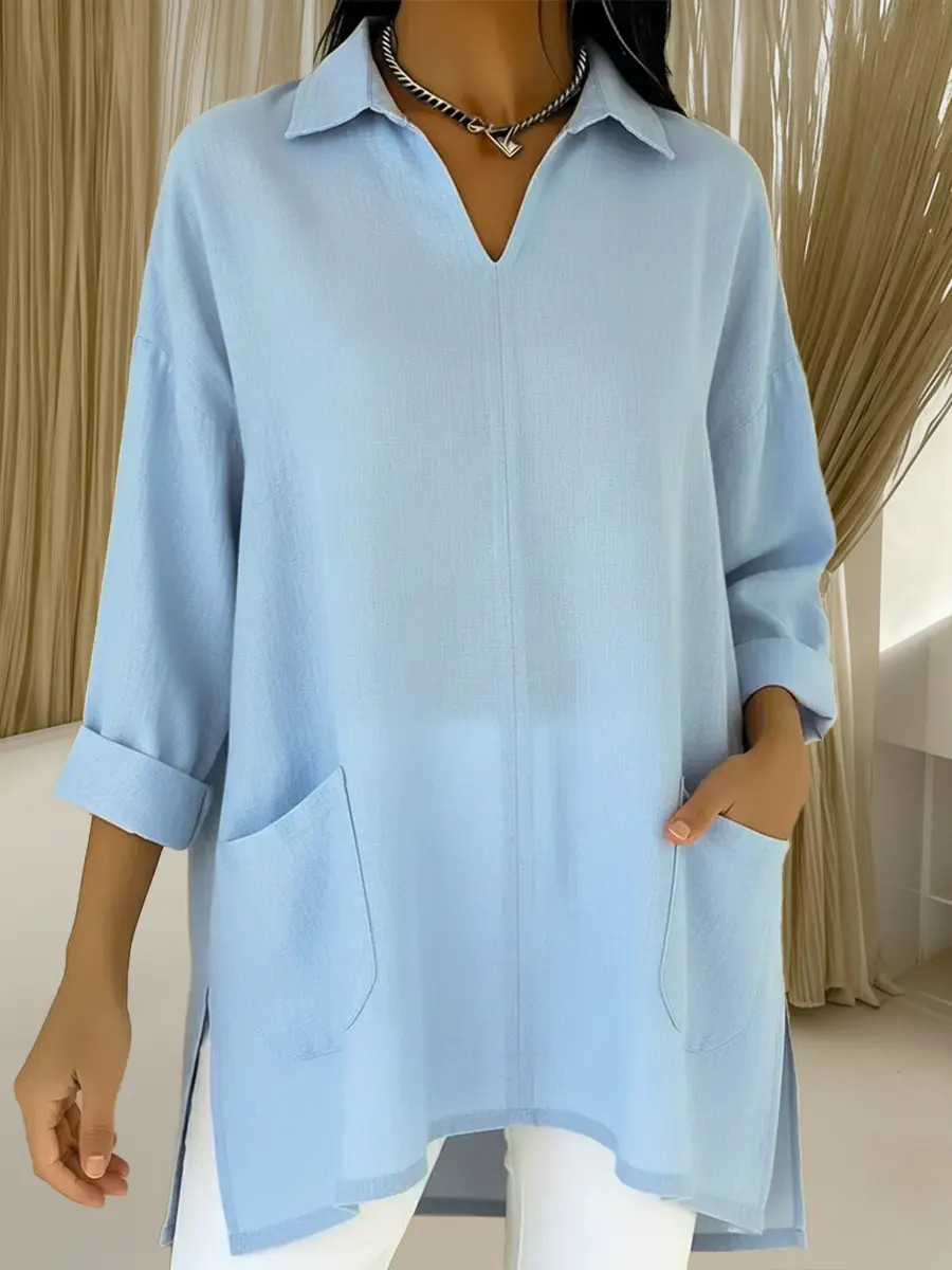 Women's Oversized V-Neck Collared Blouse - Relaxed Fit Longline Shirt with Side Pockets & Slits (7 Colors: Red/Orange/White/Blue/Purple/Light Blue/Navy)