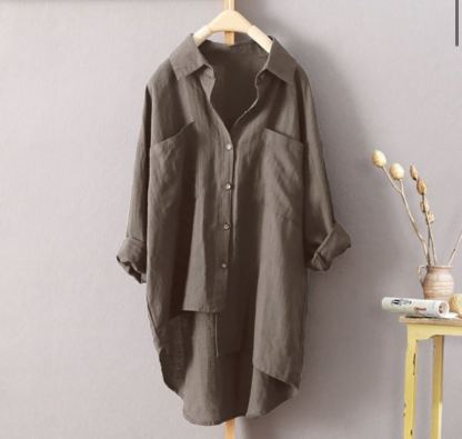 Women's Linen-Cotton Oversized Tunic Shirt - Loose Fit Long Sleeve Button-Down Blouse (Multi-Color Options)