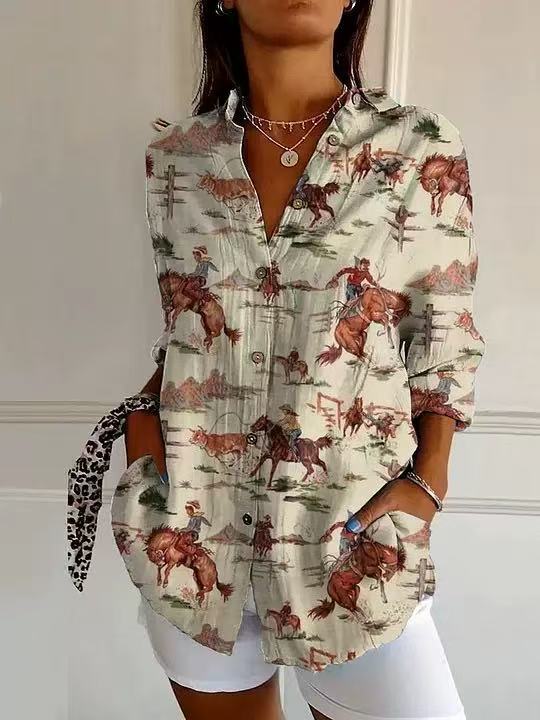 Women's Western Cowboy Print Blouse - V-Neck Tie Waist Rolled Sleeve Loose Fit Cactus Horse Rodeo Graphic Button Down Shirt